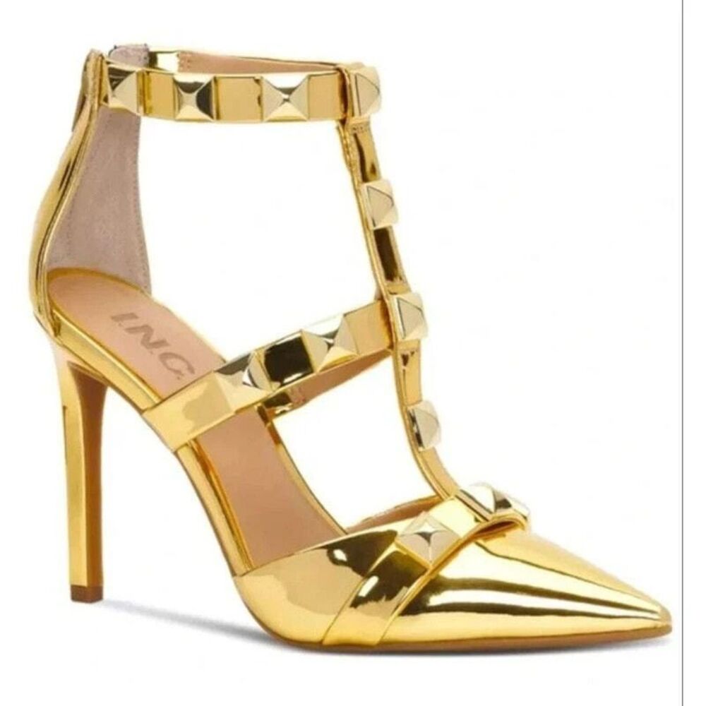 INC International Concepts Metallic Gold Studded T-Strap Pointed Toe Heel 8.5M